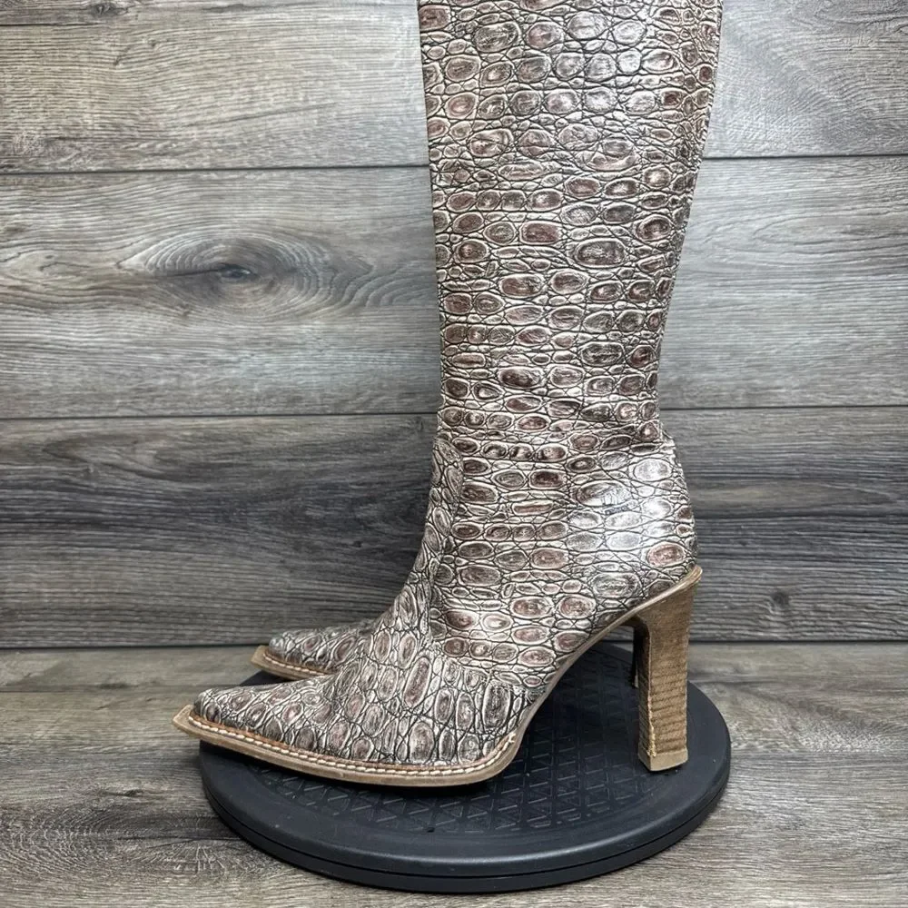 Vintage Destroy Women Sz 9-9.5 Snakeskin Tooled Leather Pointed High Heel Boots